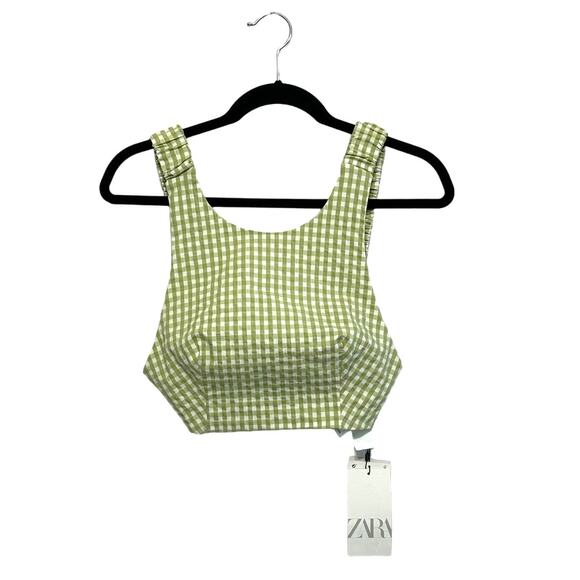 Zara Gingham Check Crop Tank Top NWT Women's Sz S Green White Casual Backless - Picture 1 of 6